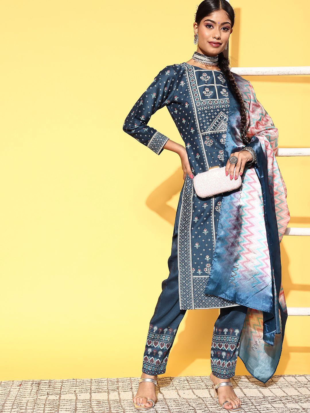 libas women blue silk blend printed kurta set