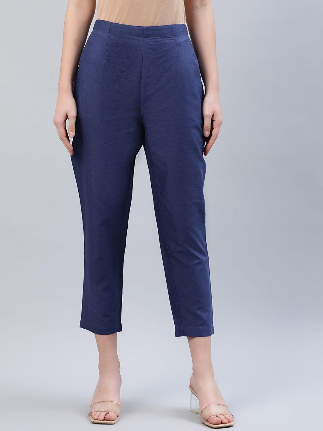 libas women blue solid cotton trousers