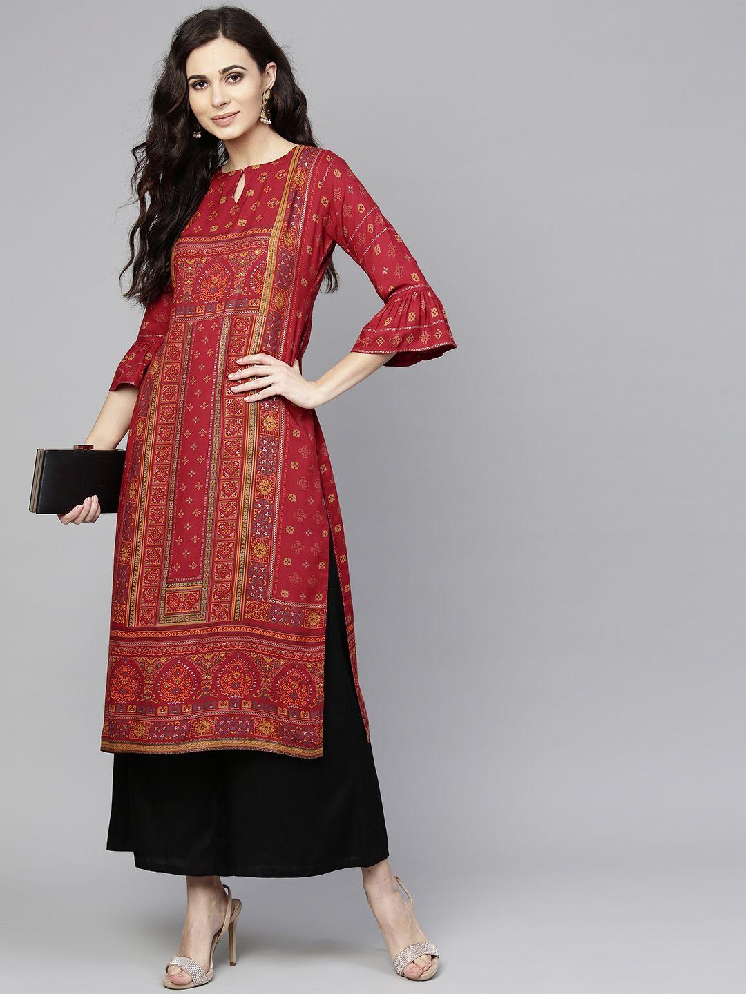 libas women brick red & olive green block print straight kurta