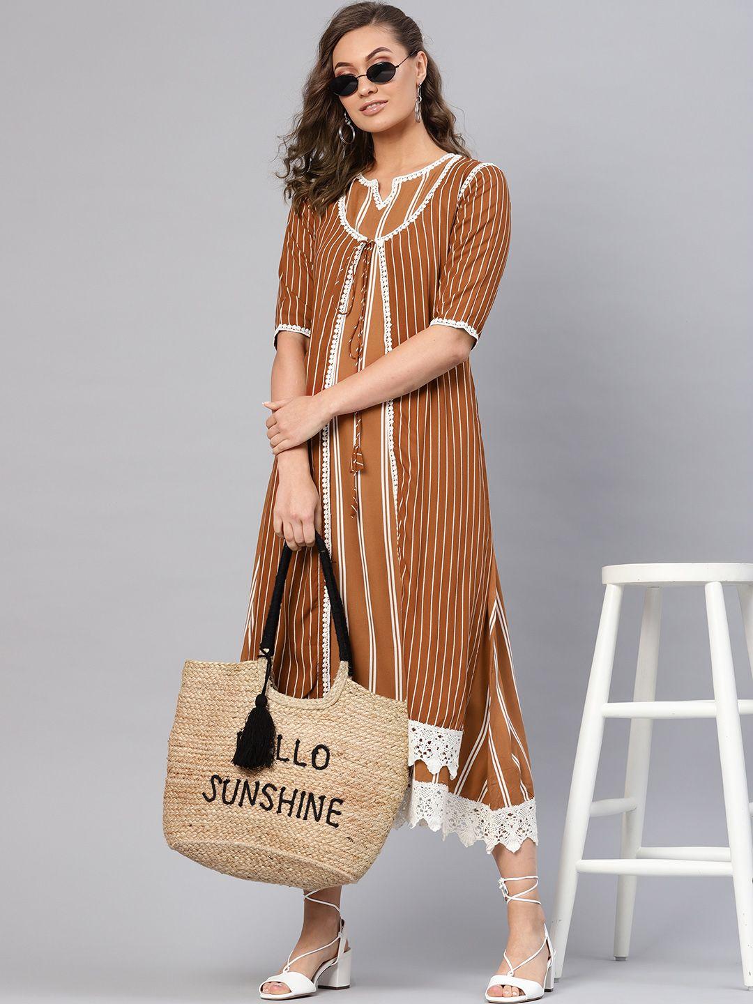 libas women brown & white striped layered a-line dress