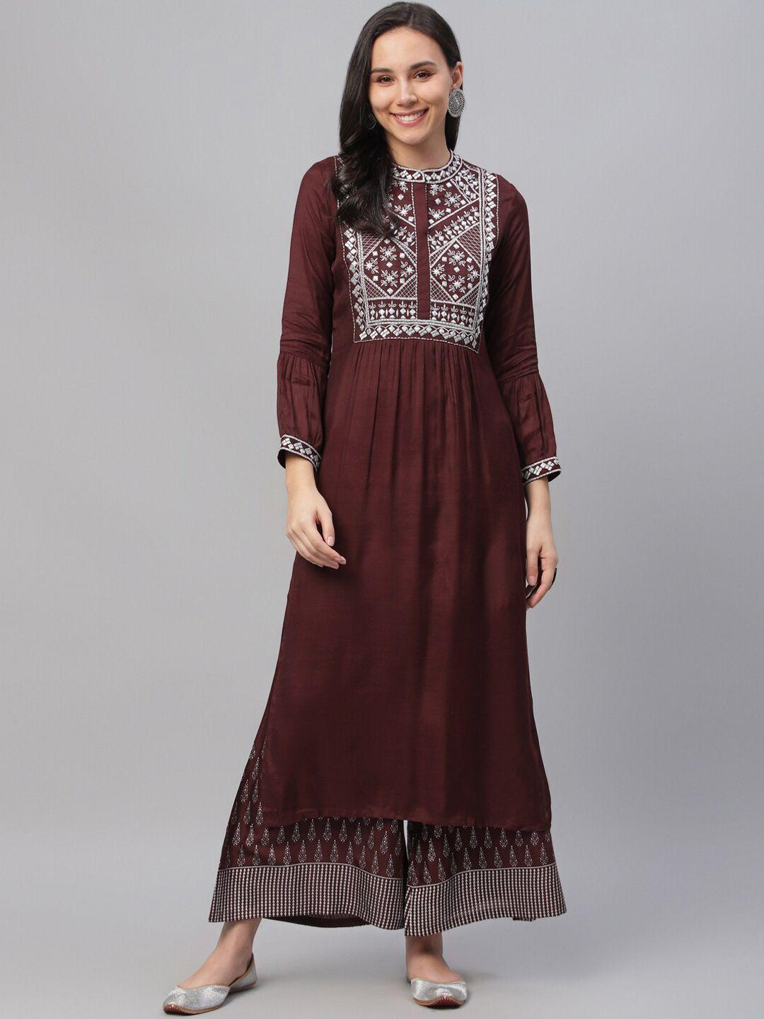 libas women brown & white yoke design a-line kurta