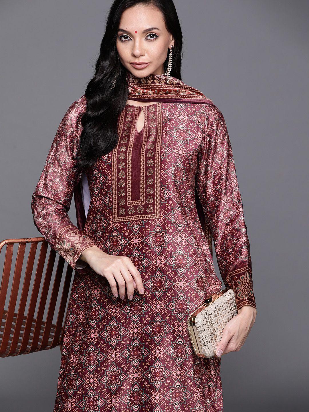 libas women brown floral printed regular velvet kurta with palazzos & with dupatta