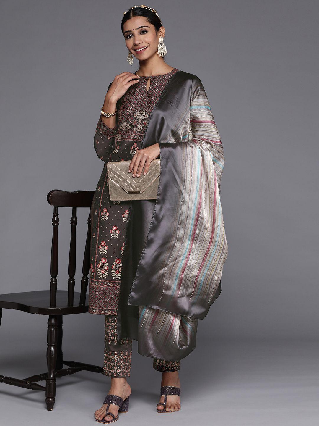 libas women charcoal floral printed kurta with trousers & with dupatta