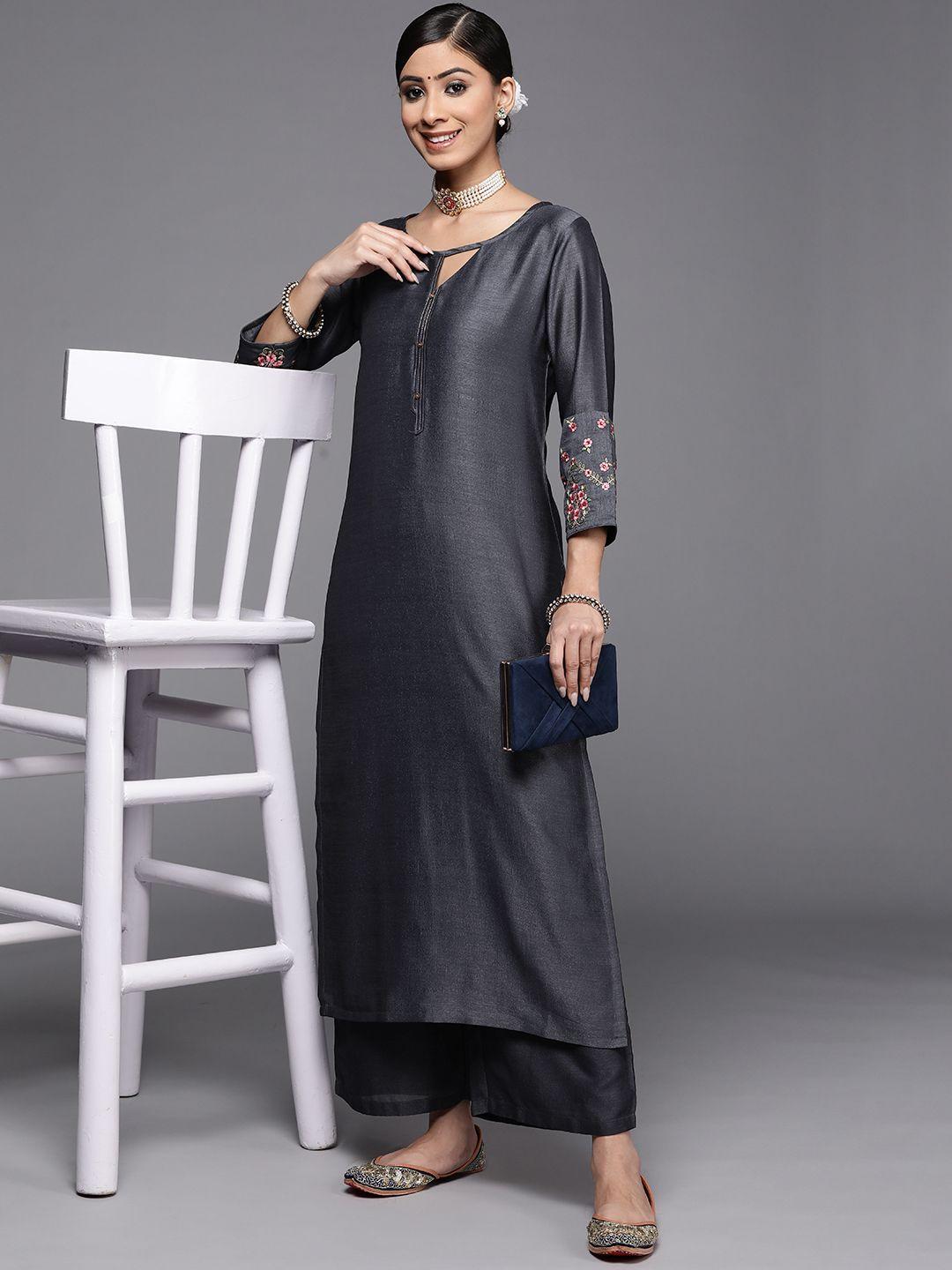 libas women charcoal grey thread work kurta