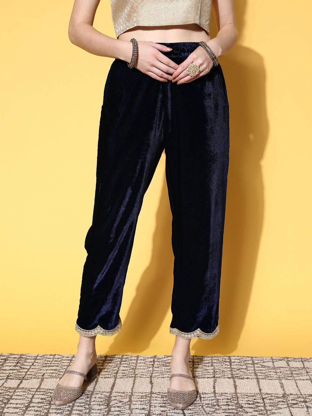 libas women classy navy blue solid velvet trousers