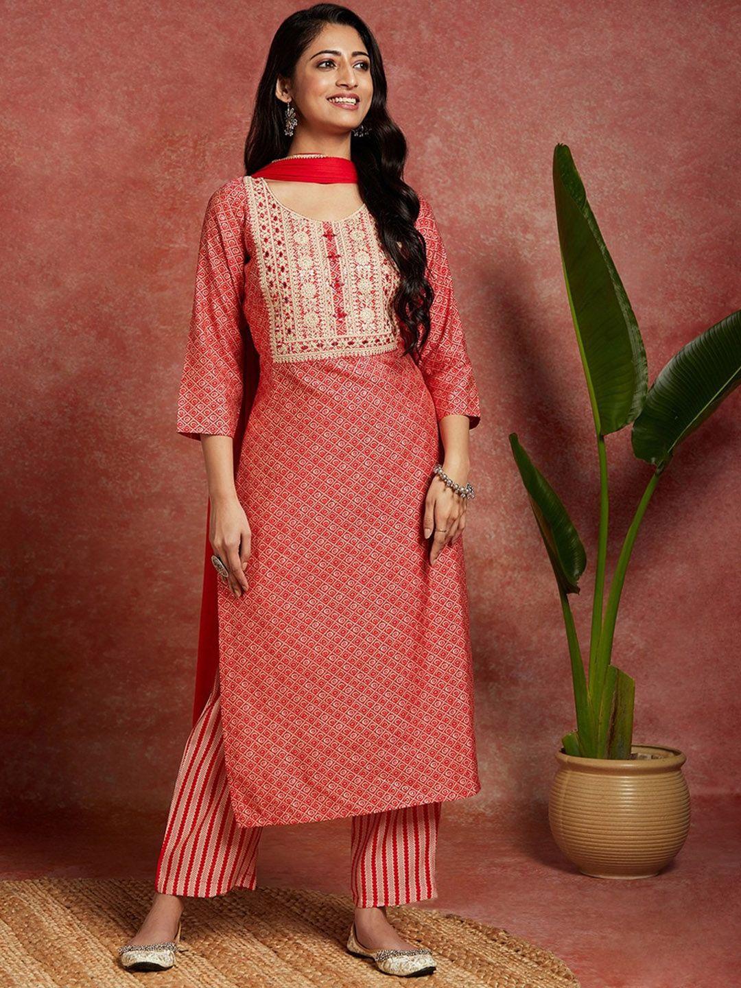 libas women coral bandhani printed regular thread work kurta with palazzos & with dupatta