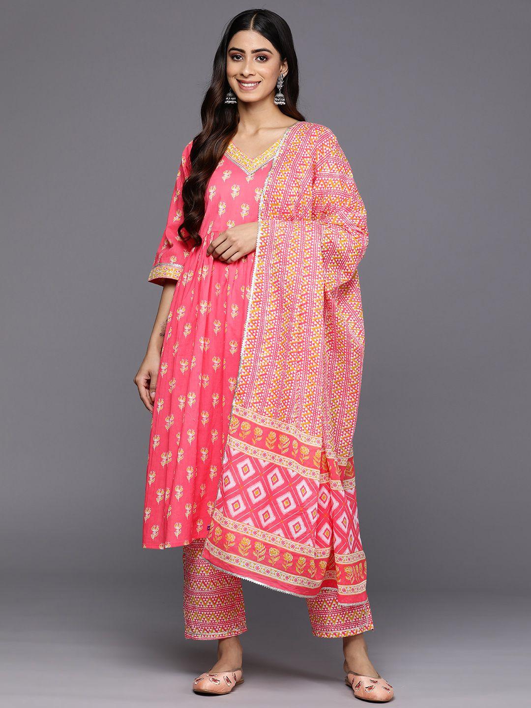 libas women coral floral printed high slit gotta patti pure cotton kurta with trousers & with dupatta