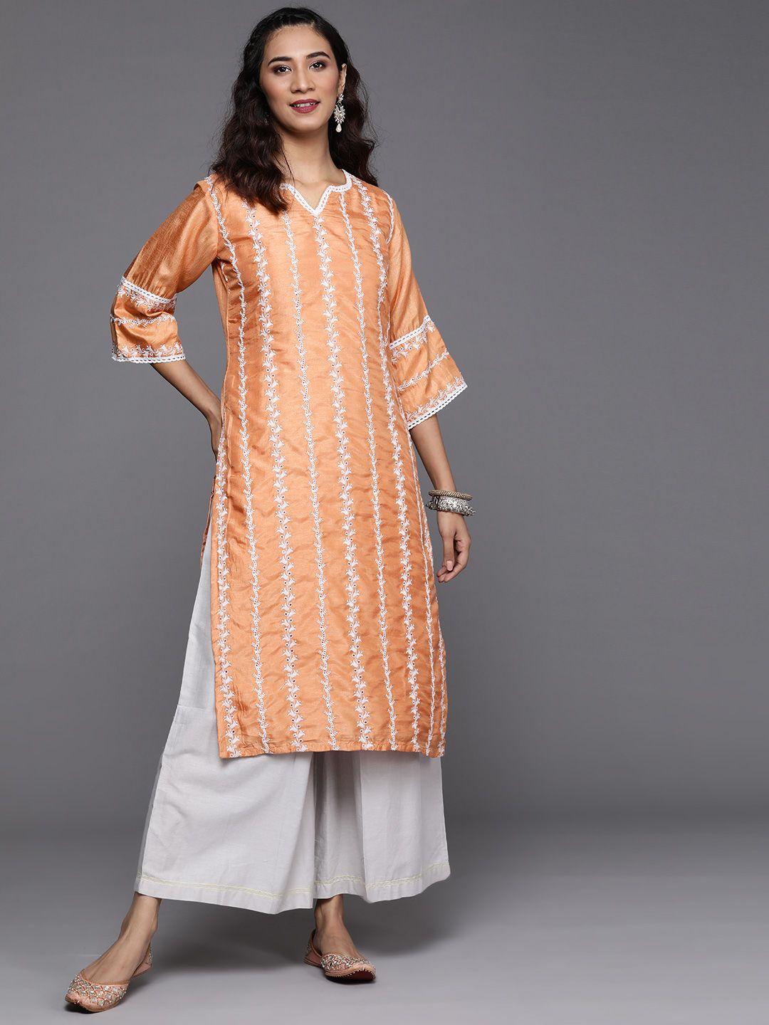 libas women coral orange & white embroidered thread work kurta