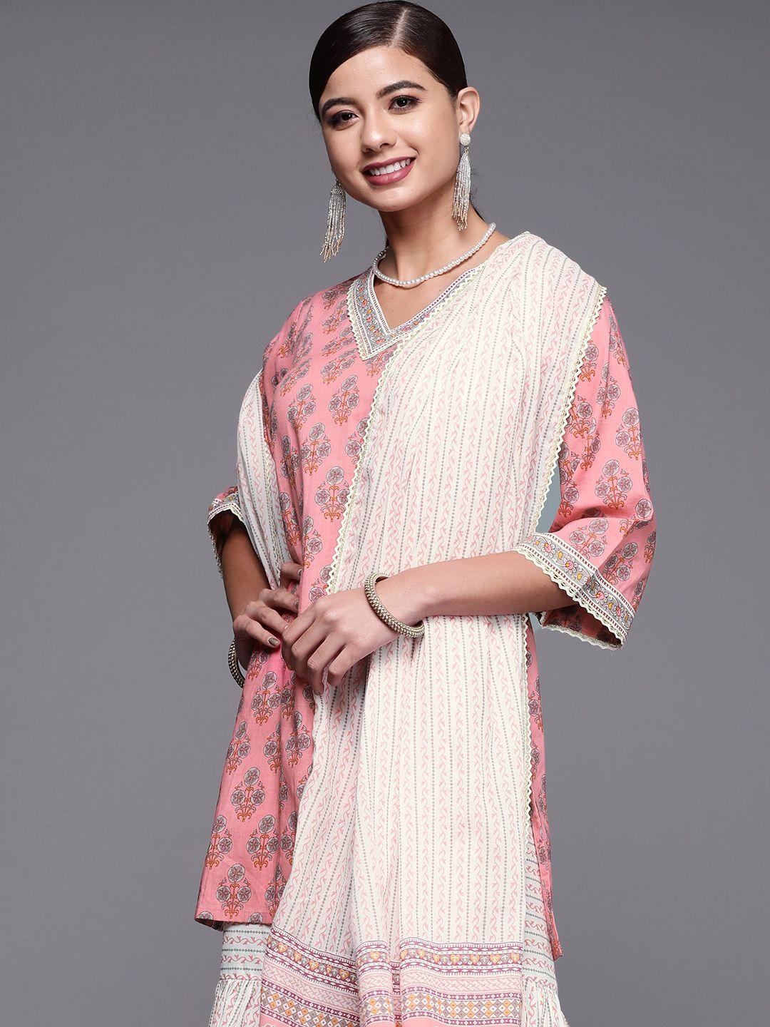 libas women coral pink & white printed pure cotton kurta with sharara & with dupatta