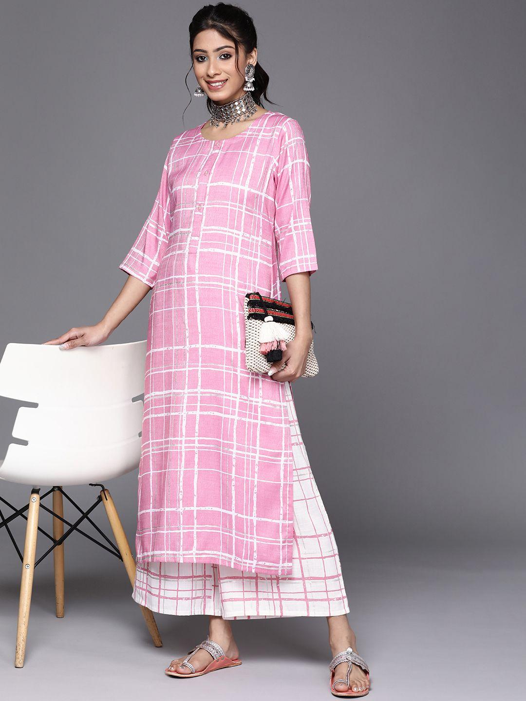 libas women cream-coloured & pink checked flared ethnic cotton palazzos