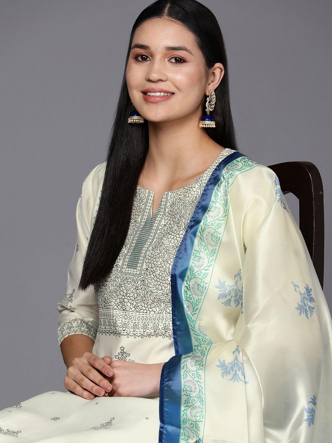 libas women cream-coloured floral printed chanderi silk kurta with trousers & with dupatta