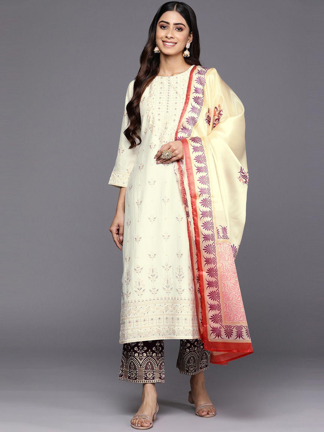 libas women cream-coloured floral printed chanderi silk kurta with trousers & with dupatta