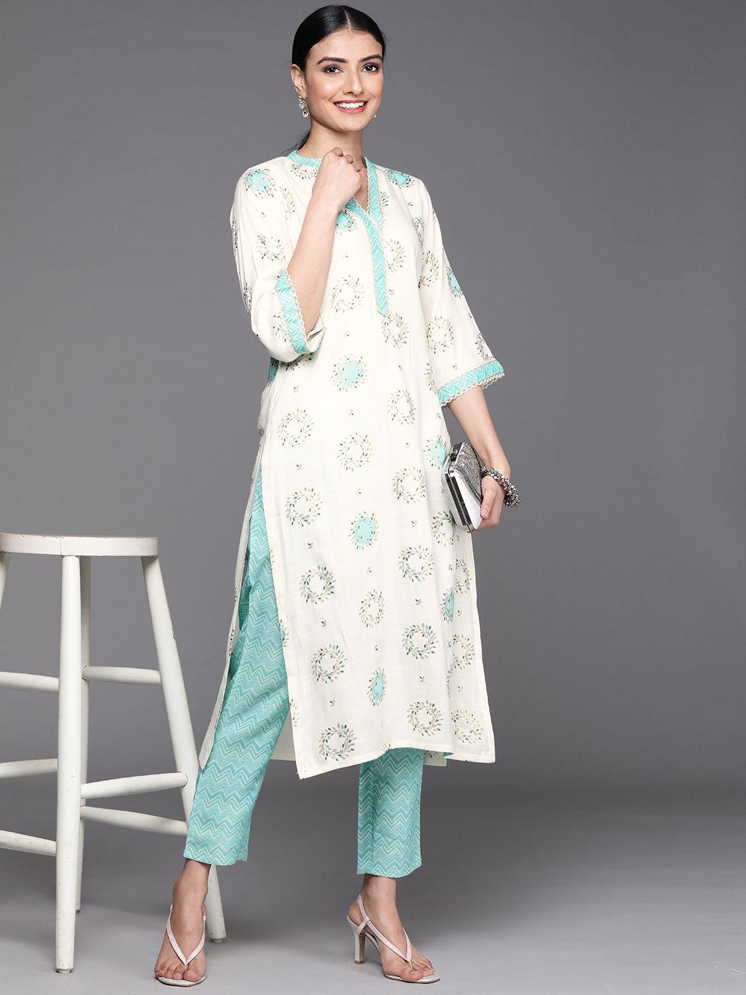 libas women cream-coloured floral printed kurta