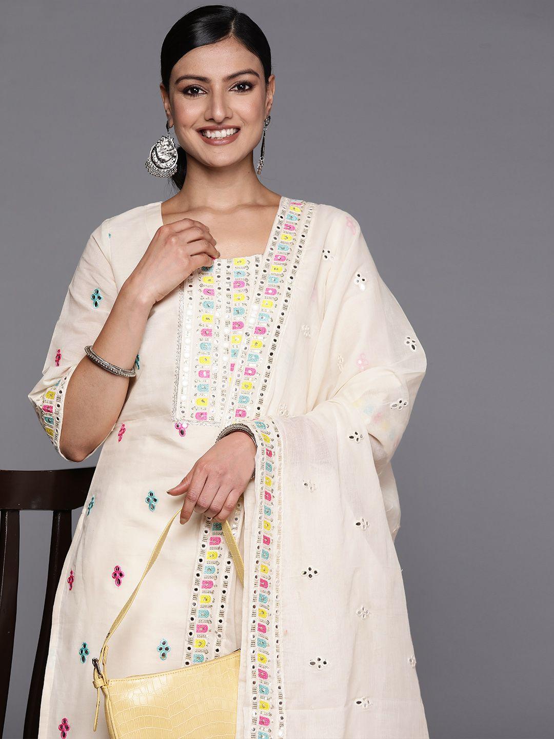 libas women embroidered mirror work pure cotton kurta with trousers & with dupatta