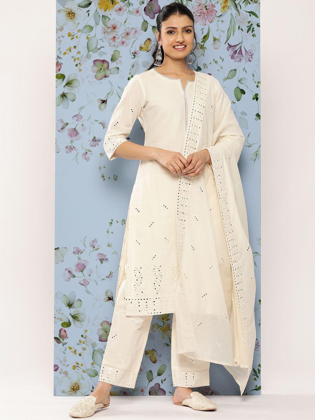 libas women embroidered thread work pure cotton kurta with trousers & dupatta