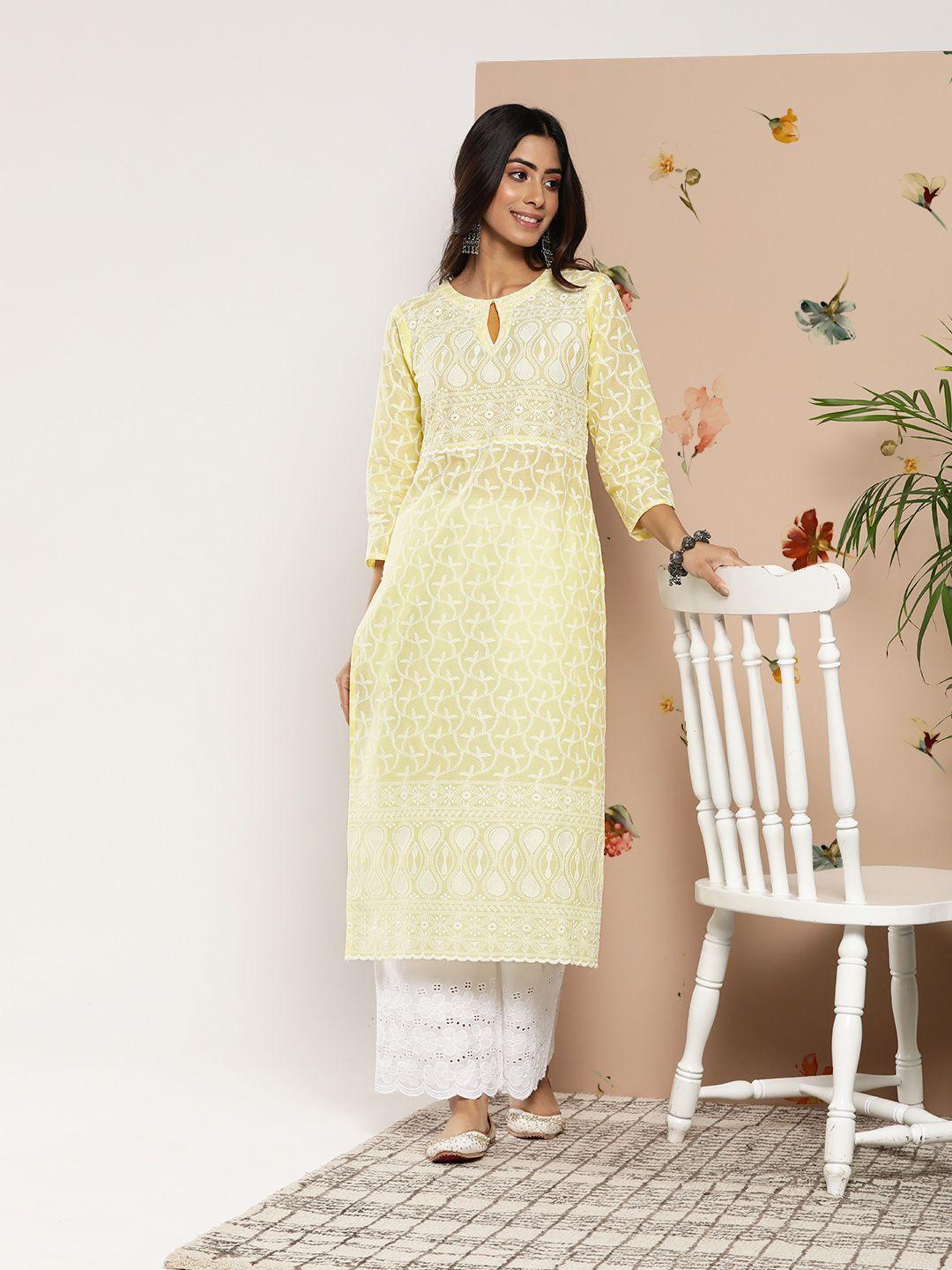 libas women ethnic motifs embroidered keyhole neck thread work kurta