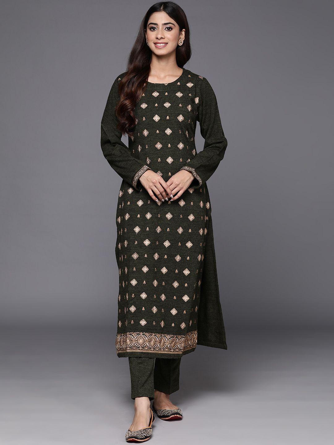 libas women ethnic motifs embroidered regular thread work pure wool kurta with trousers