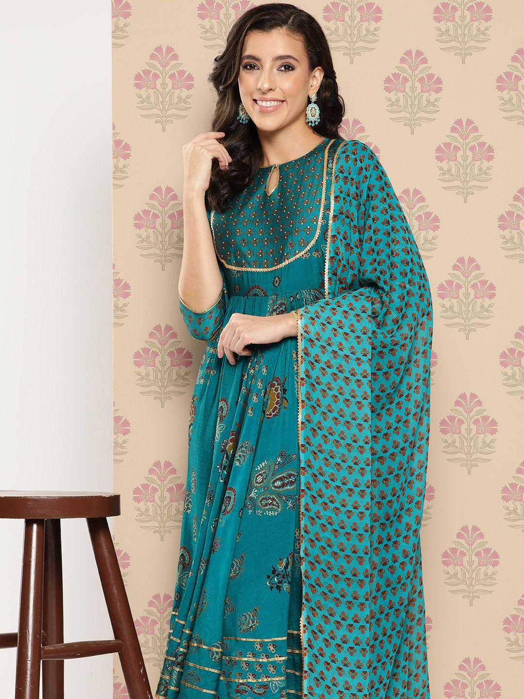 libas women ethnic motifs printed pleated gotta patti kurta with trousers & with dupatta