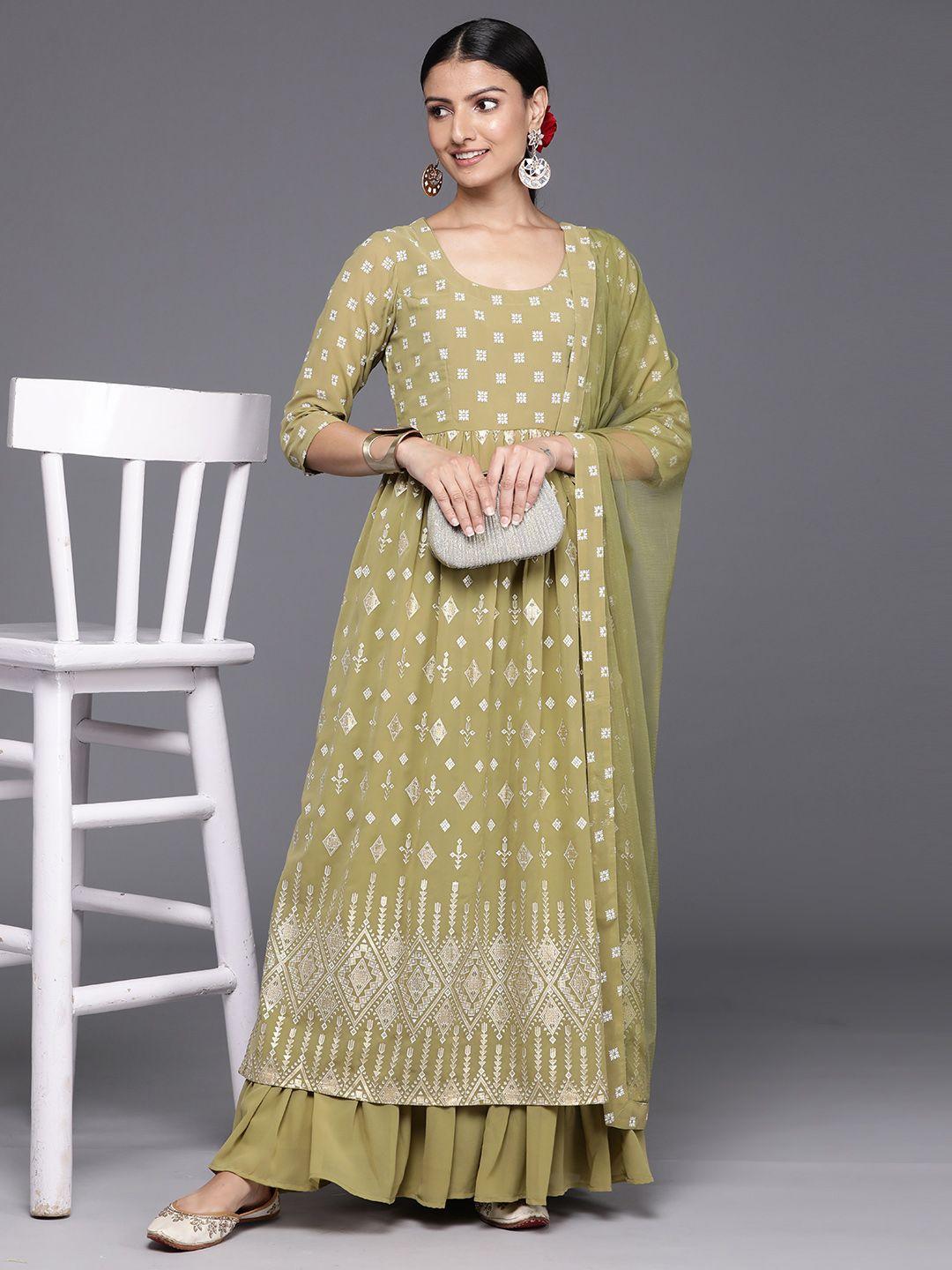 libas women ethnic motifs printed pleated kurta with palazzos & with dupatta