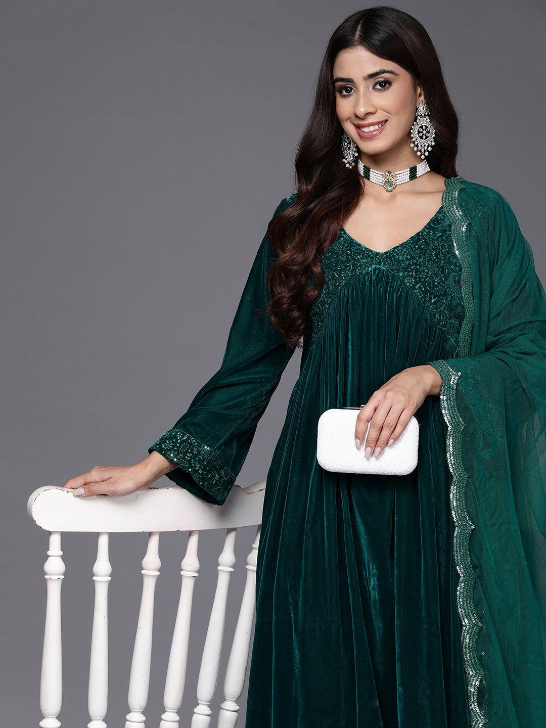 libas women floral embroidered a-line sequinned velvet kurta with trousers & with dupatta