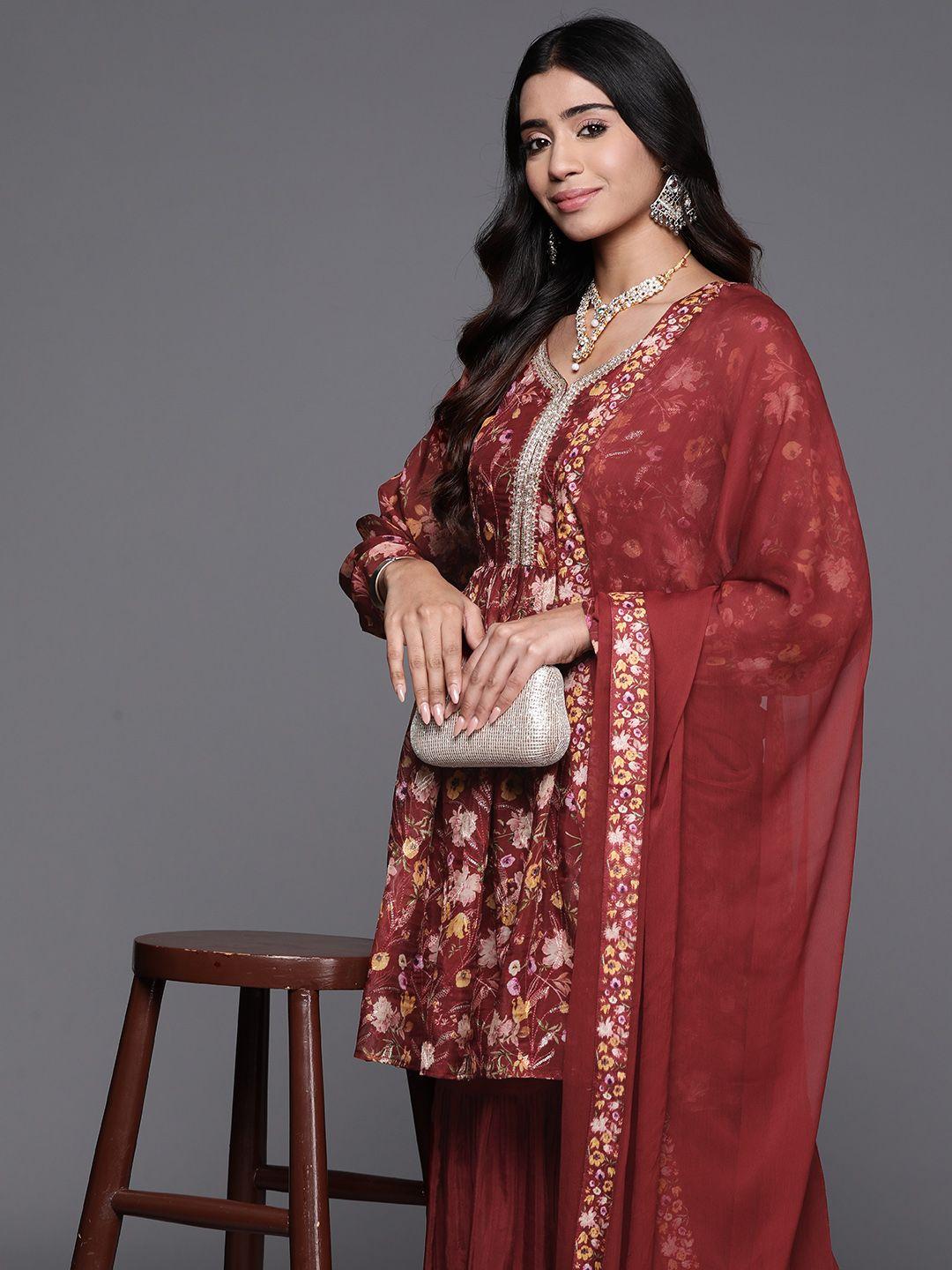 libas women floral printed pleated mirror work kurta with sharara & with dupatta