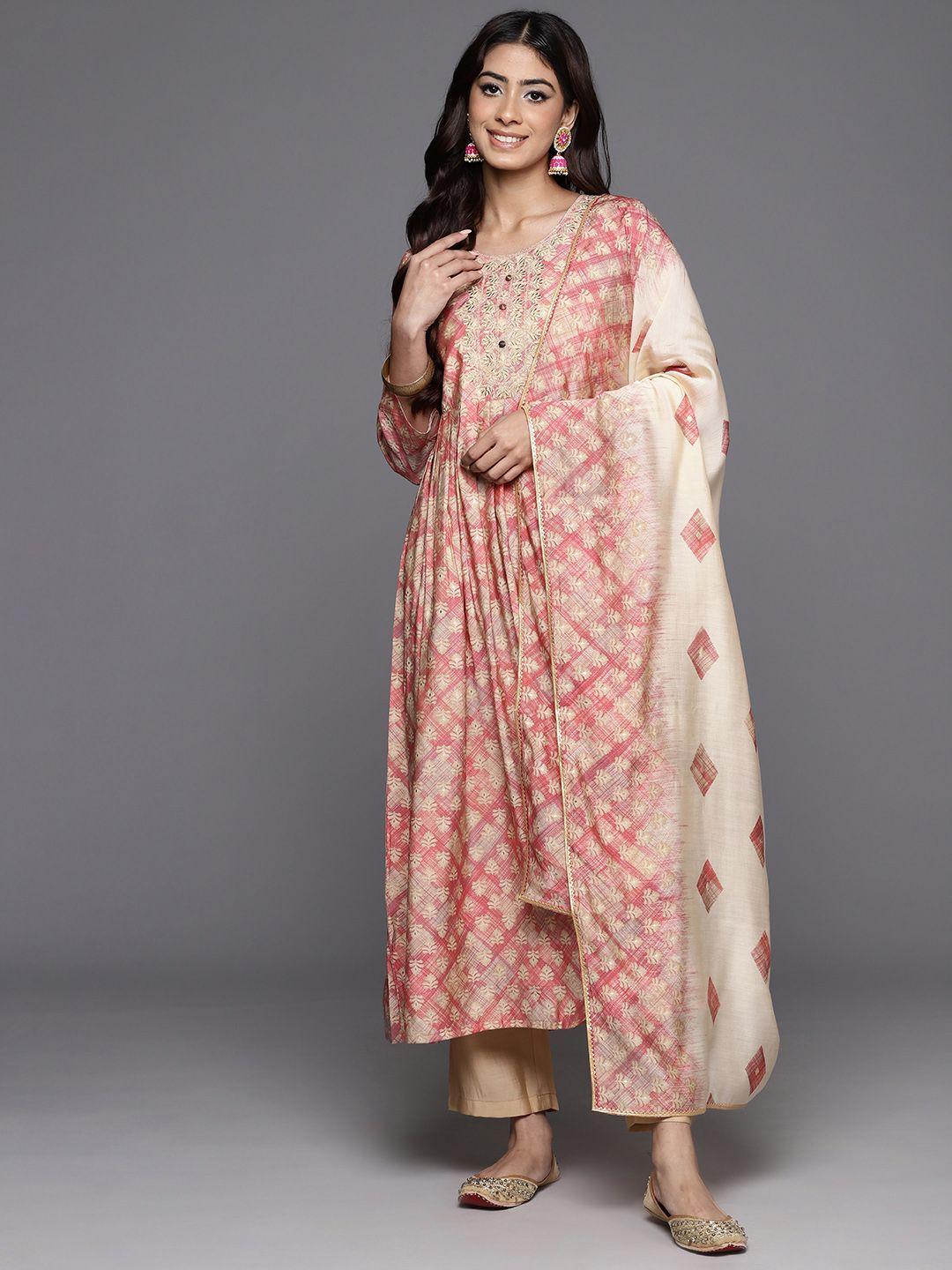libas women floral printed pleated thread work kurta with trousers & with dupatta