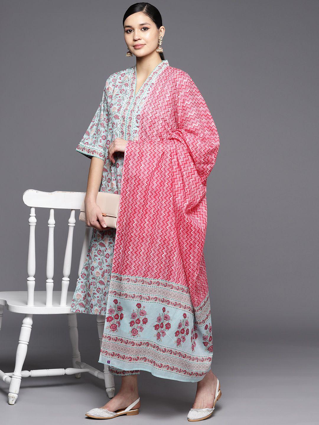 libas women floral printed pure cotton kurta with trousers & dupatta