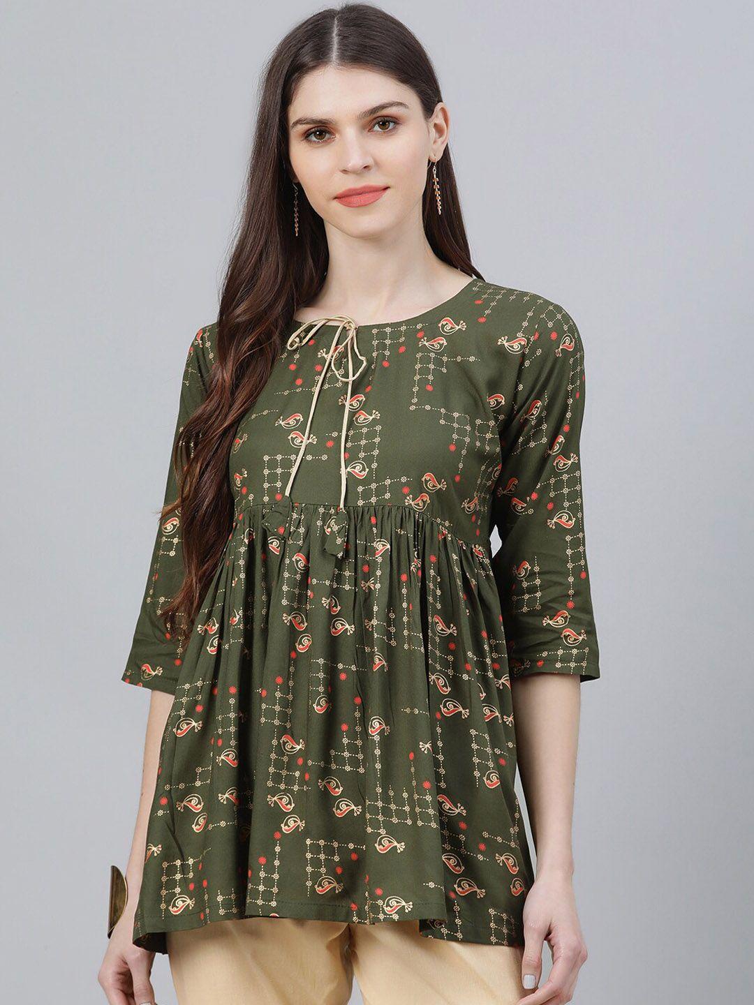 libas women green & beige printed a-line kurti