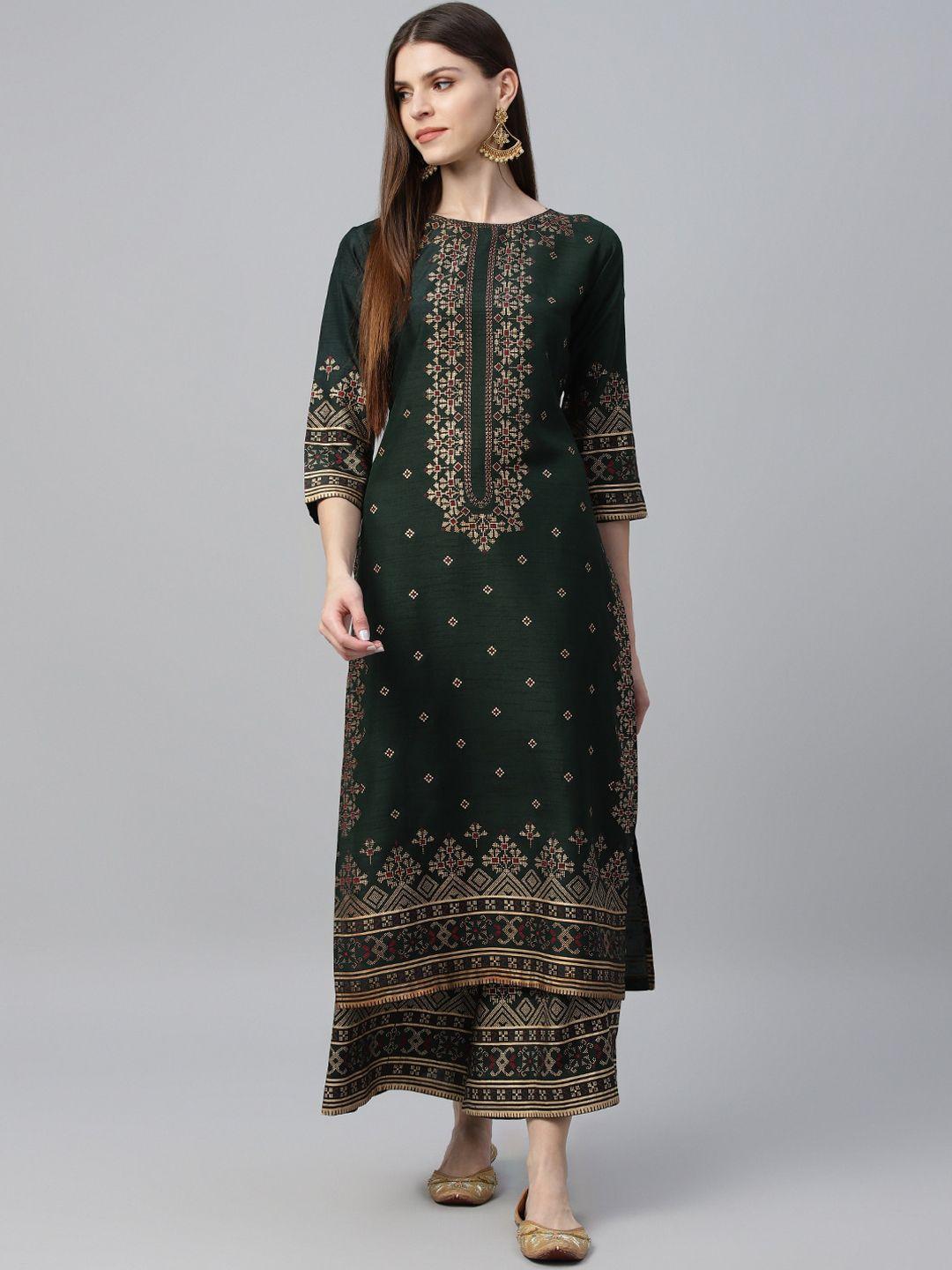 libas women green & beige printed kurta with palazzos