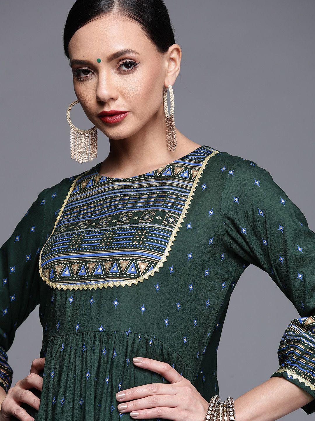 libas women green & blue ethnic motifs print a-line kurta