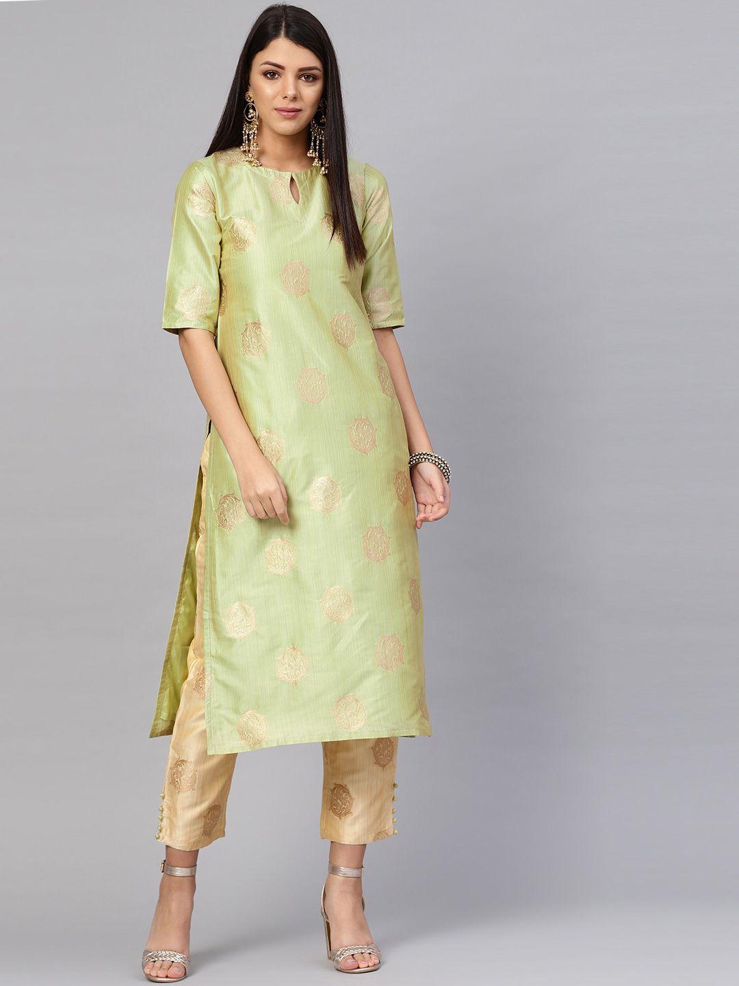 libas women green & cream-coloured woven design kurta with trousers