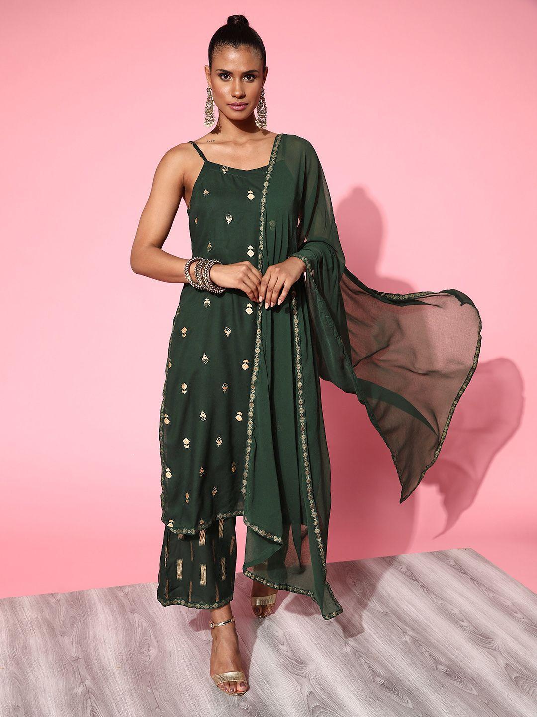 libas women green & gold floral printed straight kurta with palazzos & dupatta