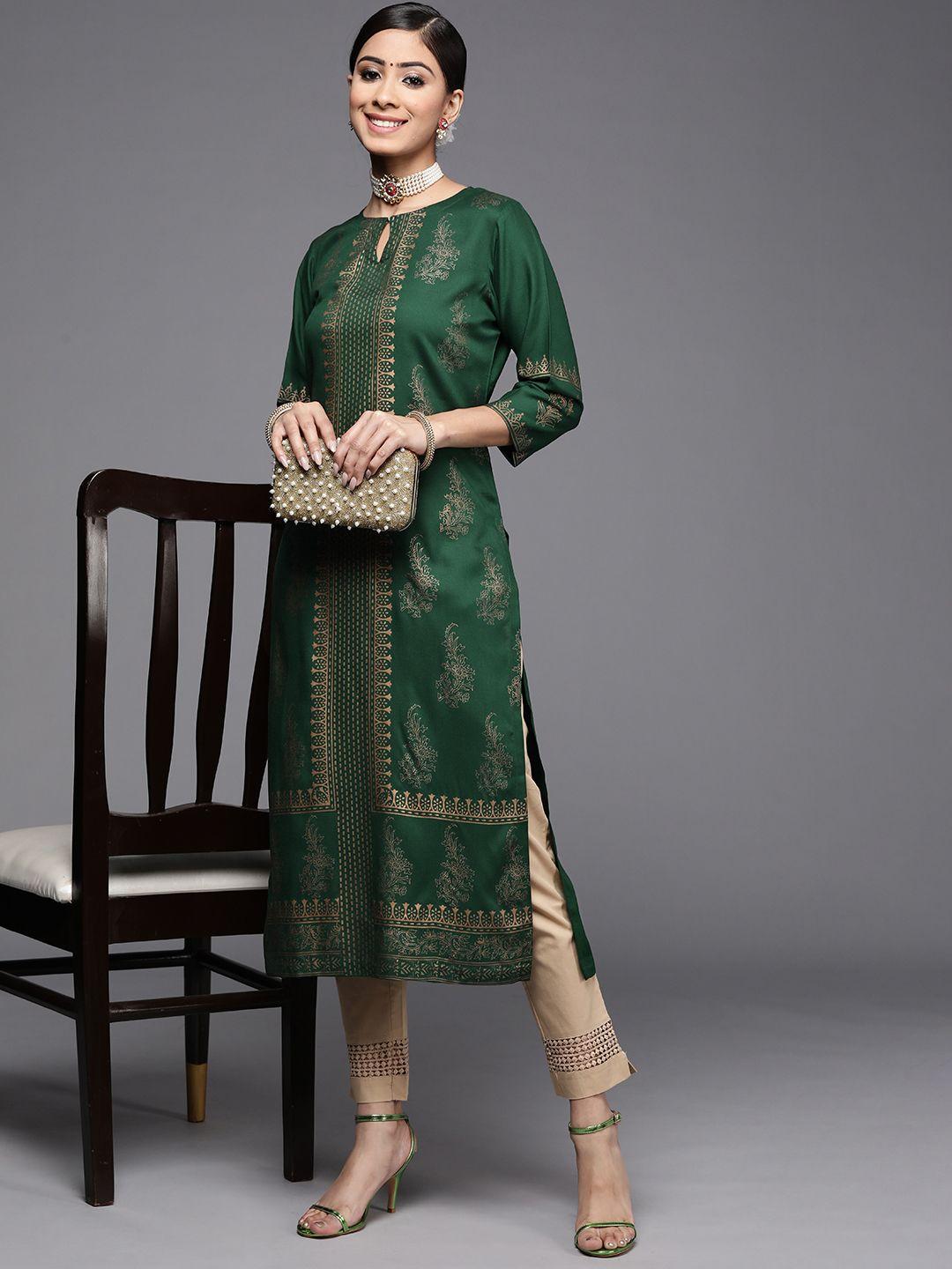 libas women green & gold-toned ethnic motifs printed keyhole neck kurta