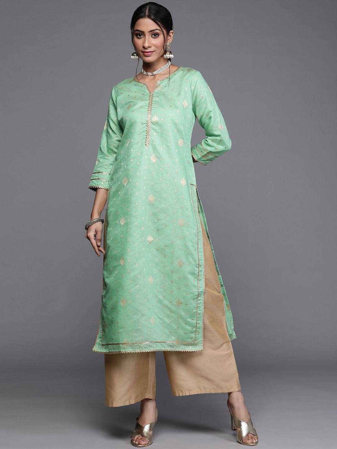 libas women green & gold-toned ethnic motifs woven design gotta patti chanderi silk kurta