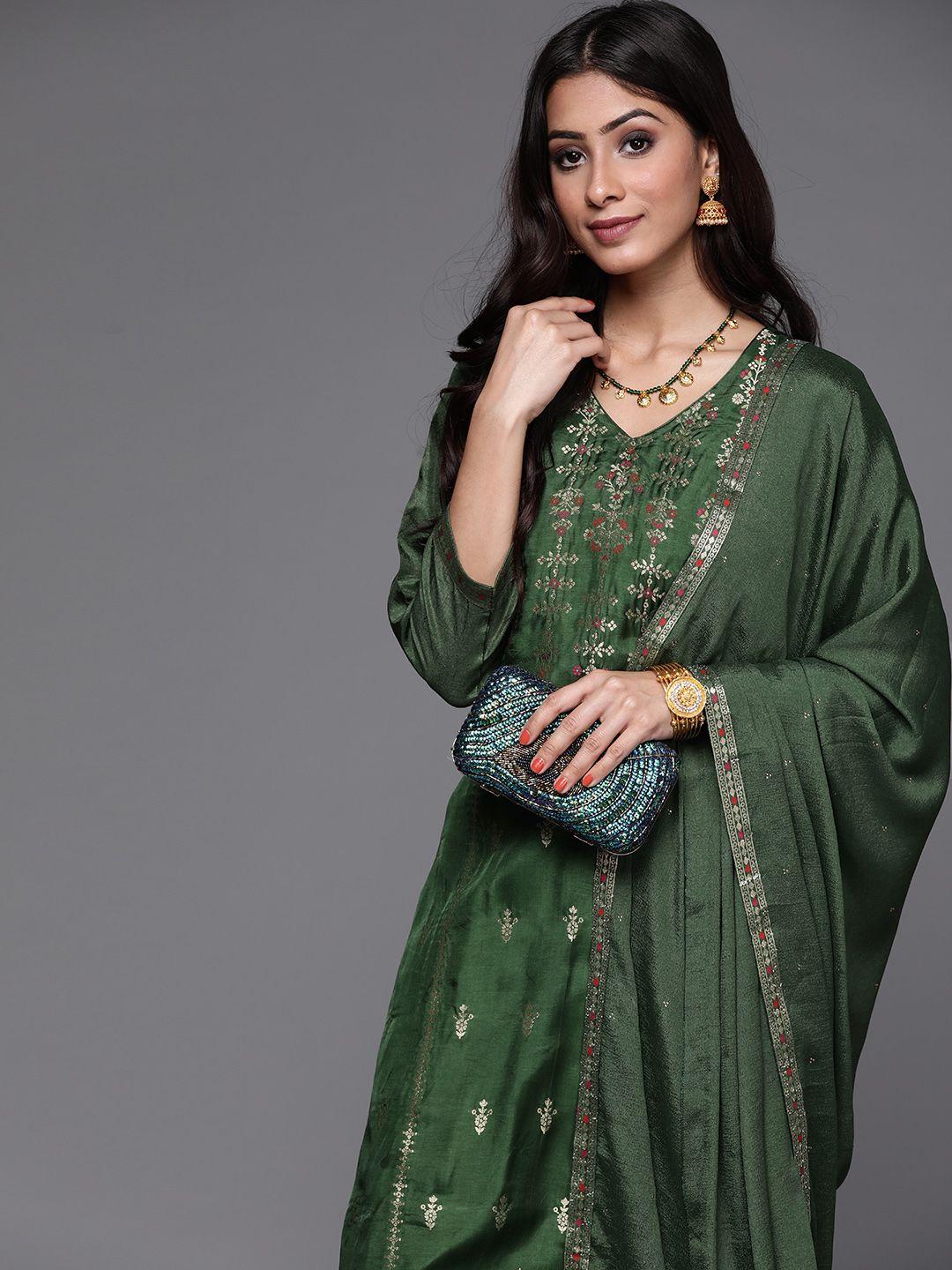 libas women green & gold zari woven design straight kurta with trousers & with dupatta