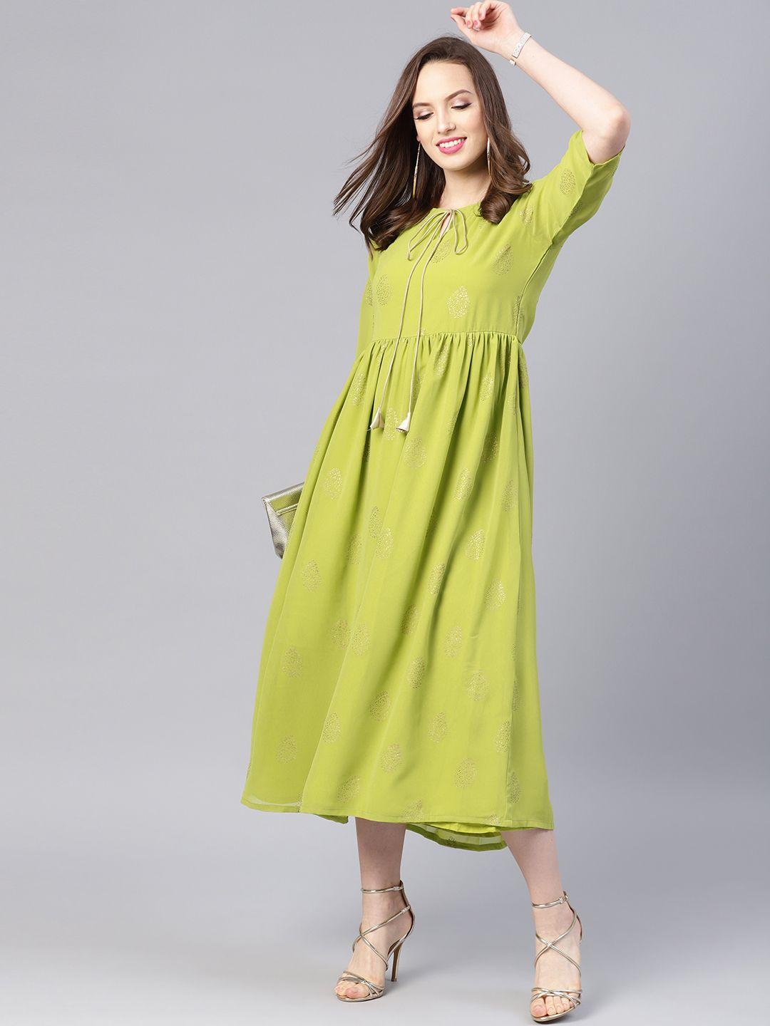 libas women green & golden block print a-line dress