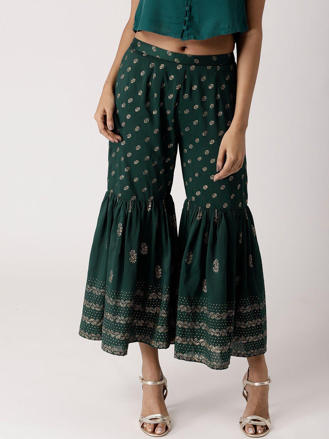 libas women green & golden block print sharara