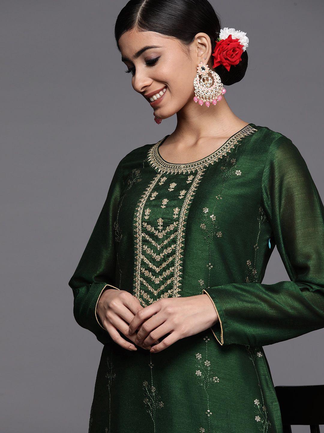 libas women green & golden ethnic motifs embroidered kurta