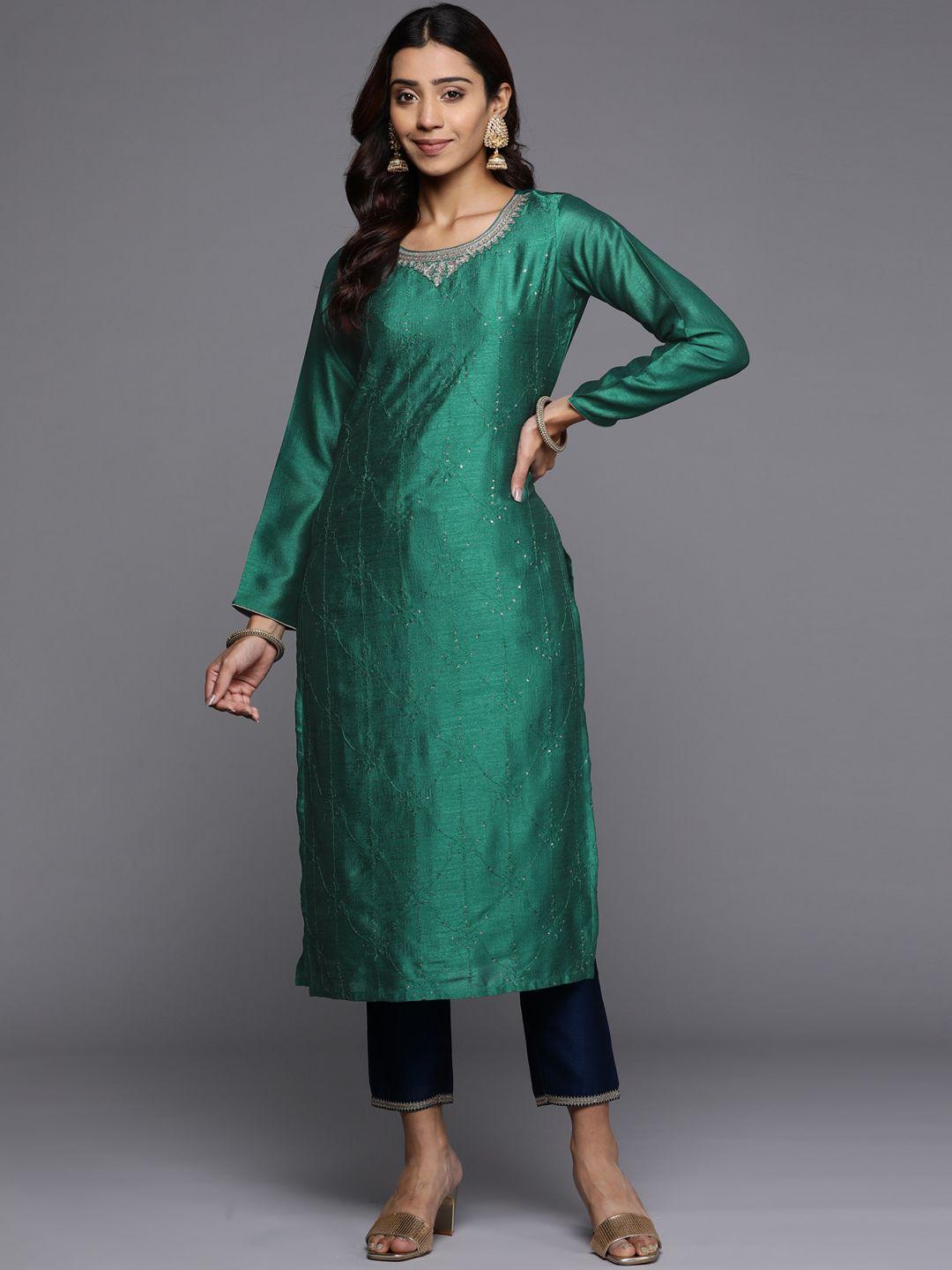 libas women green & golden ethnic motifs embroidered kurta