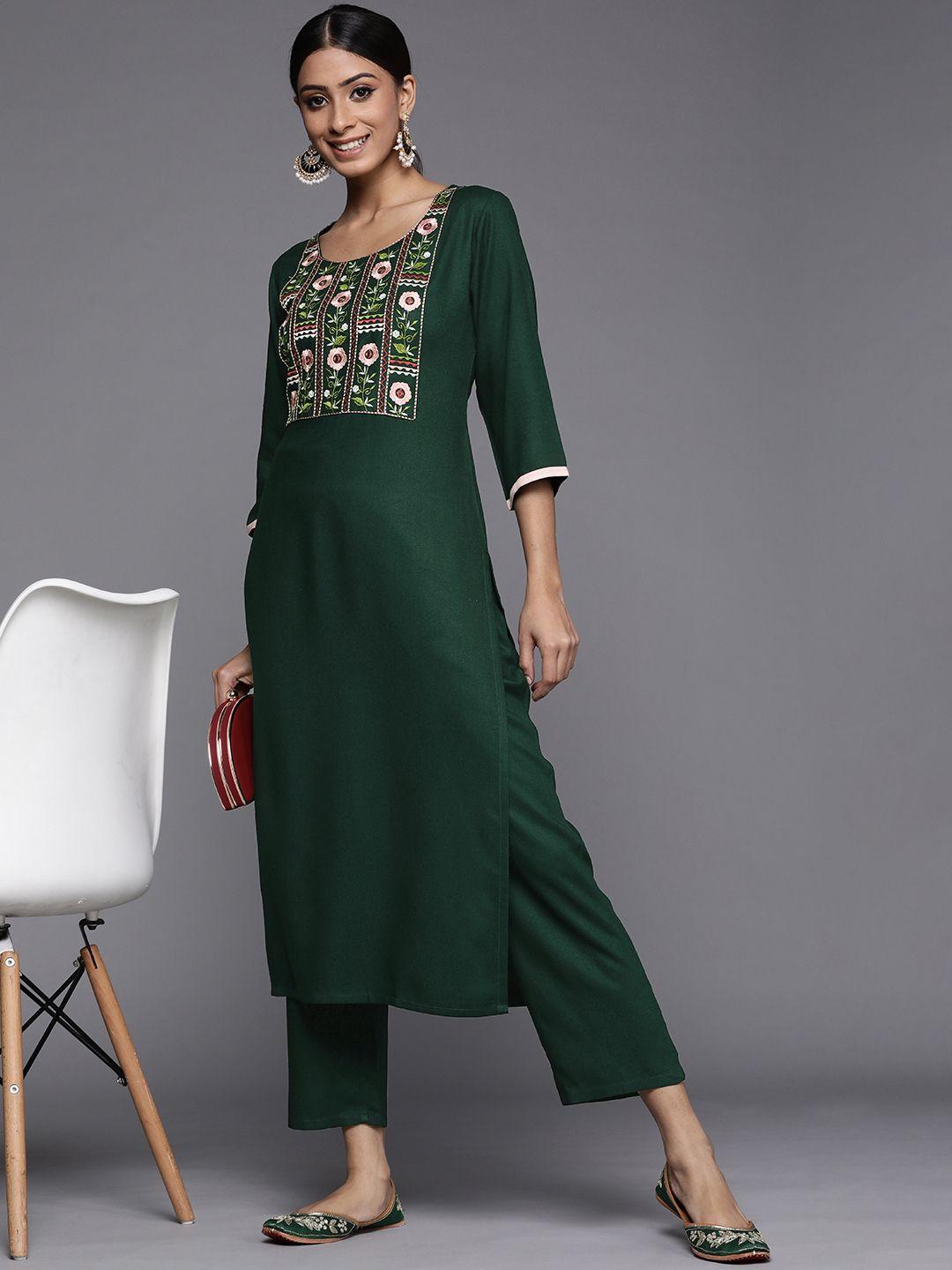 libas women green & off-white floral motifs yoke design winter pashmina wool kurta