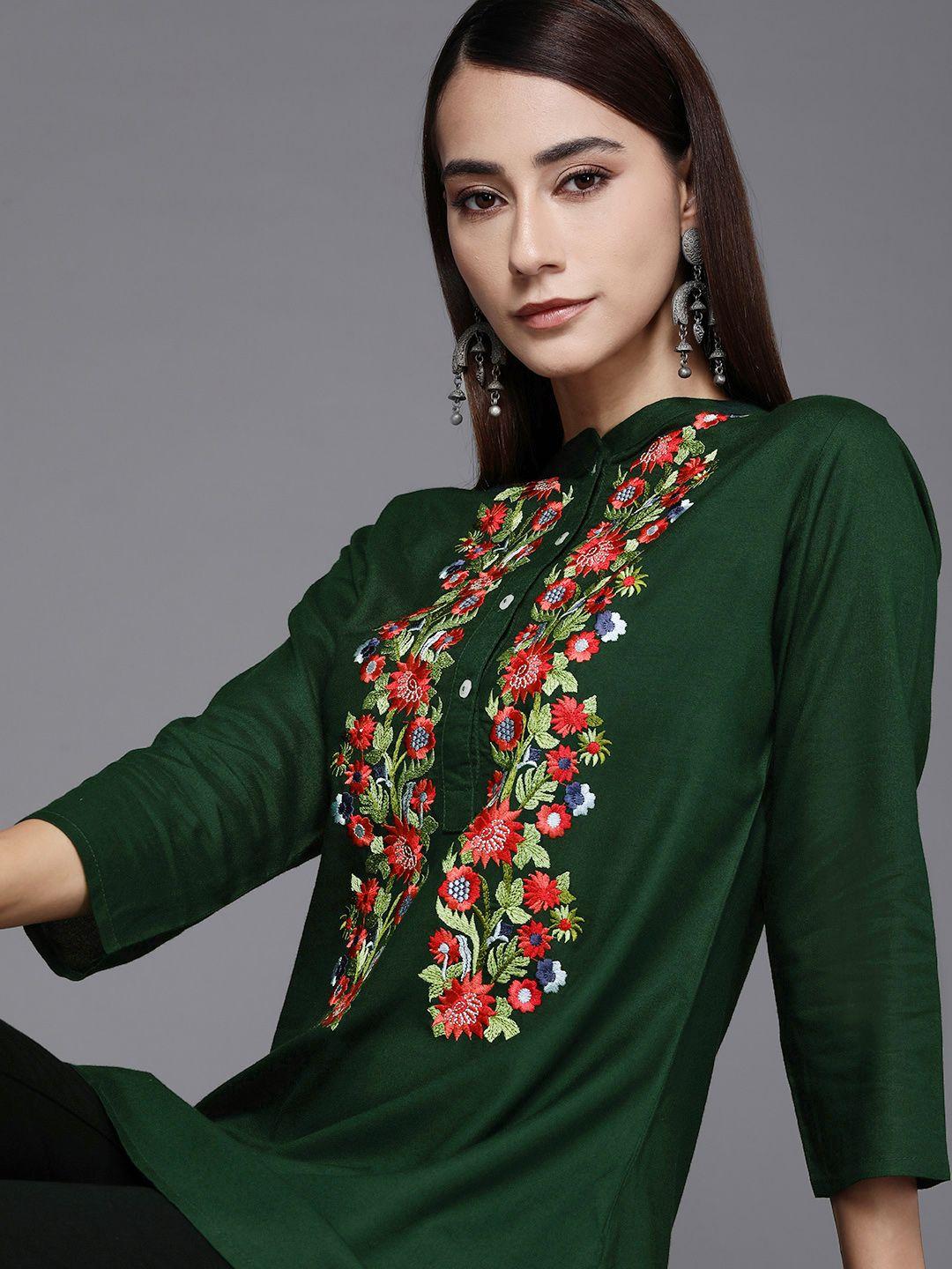 libas women green & orange ethnic motifs embroidered thread work kurti