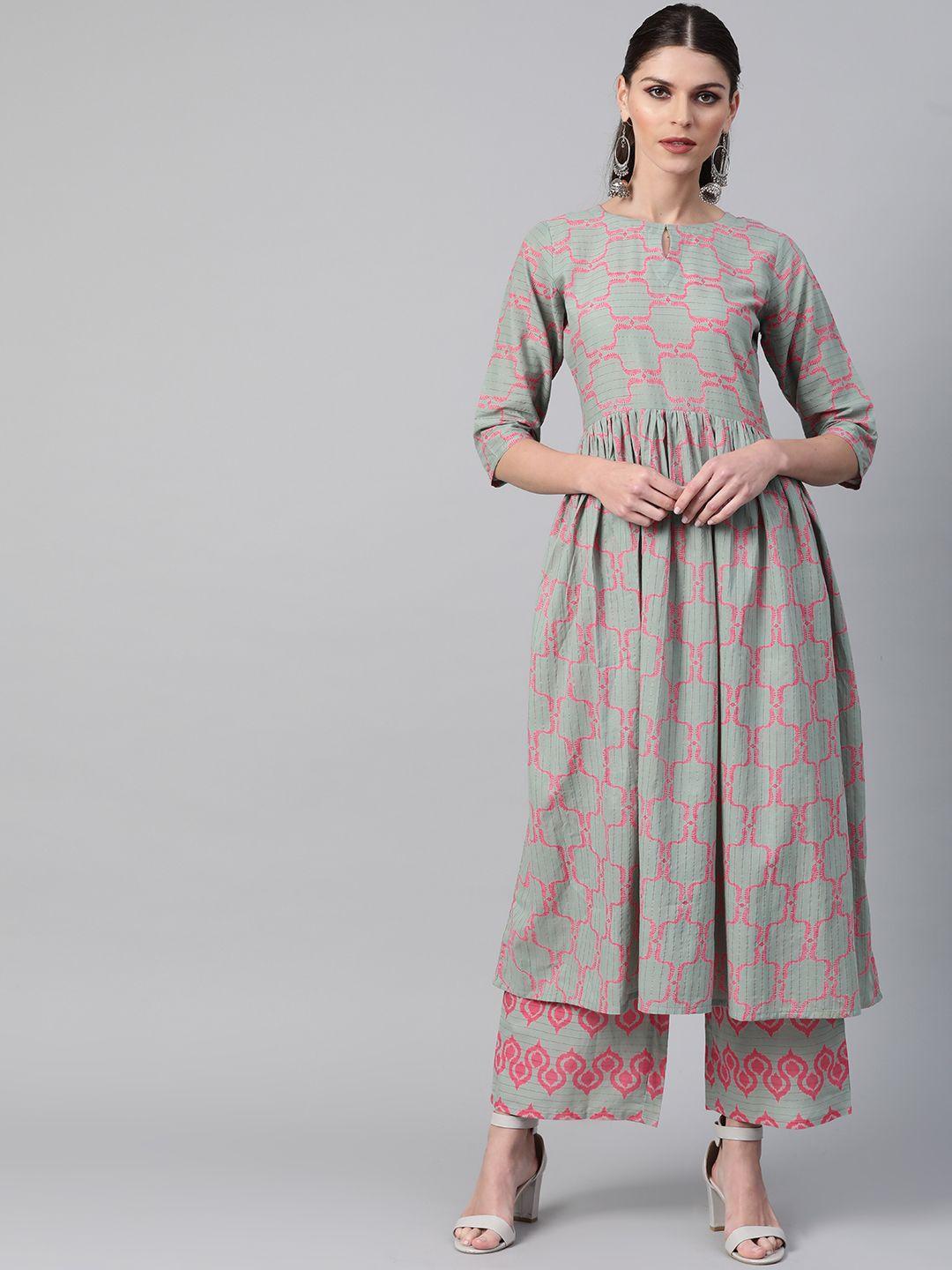 libas women green & pink printed kurta with palazzos