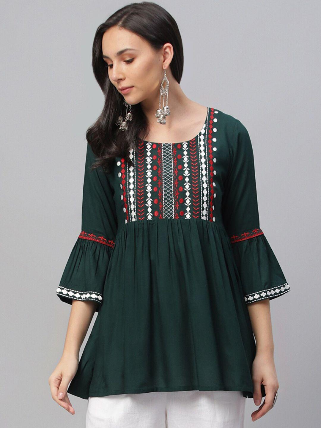 libas women green & red embroidered a-line kurti