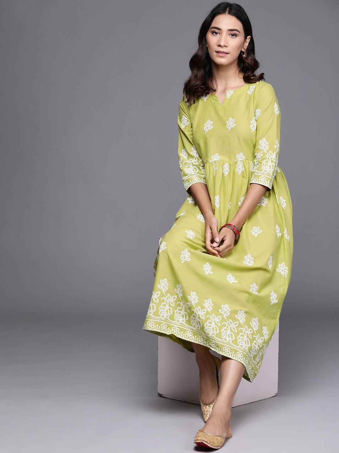 libas women green & white ethnic motifs print cotton midi fit and flare dress