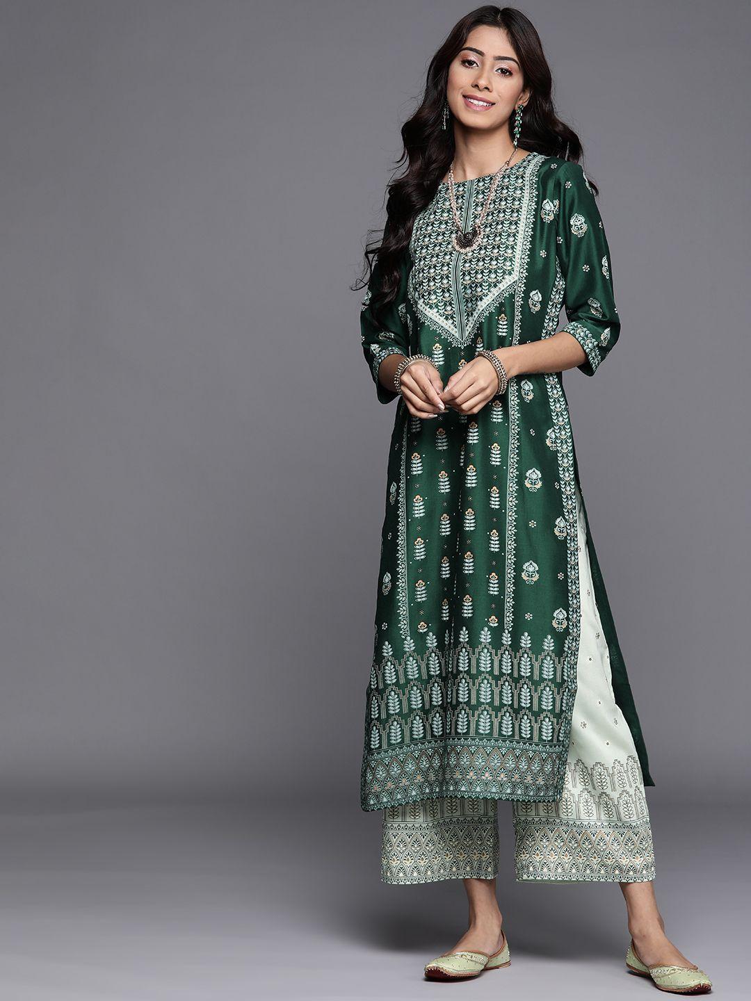libas women green & white ethnic motifs printed chanderi silk chanderi silk kurta