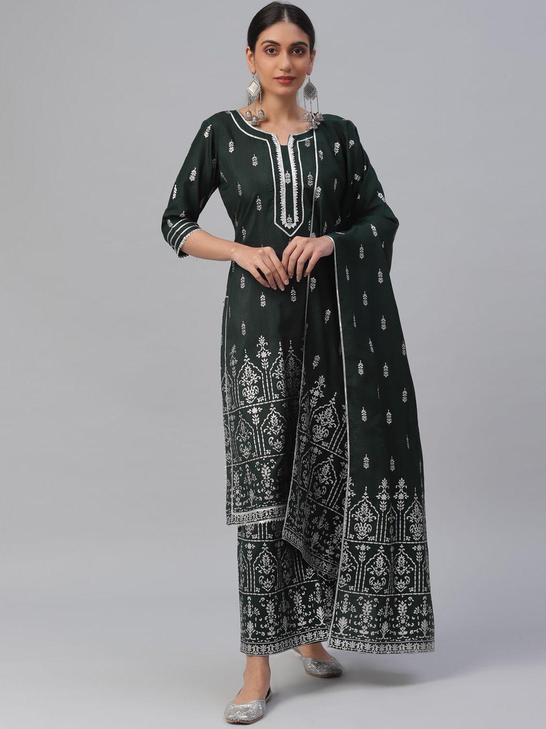 libas women green ethnic motifs printed regular straight kurta & palazzos with dupatta