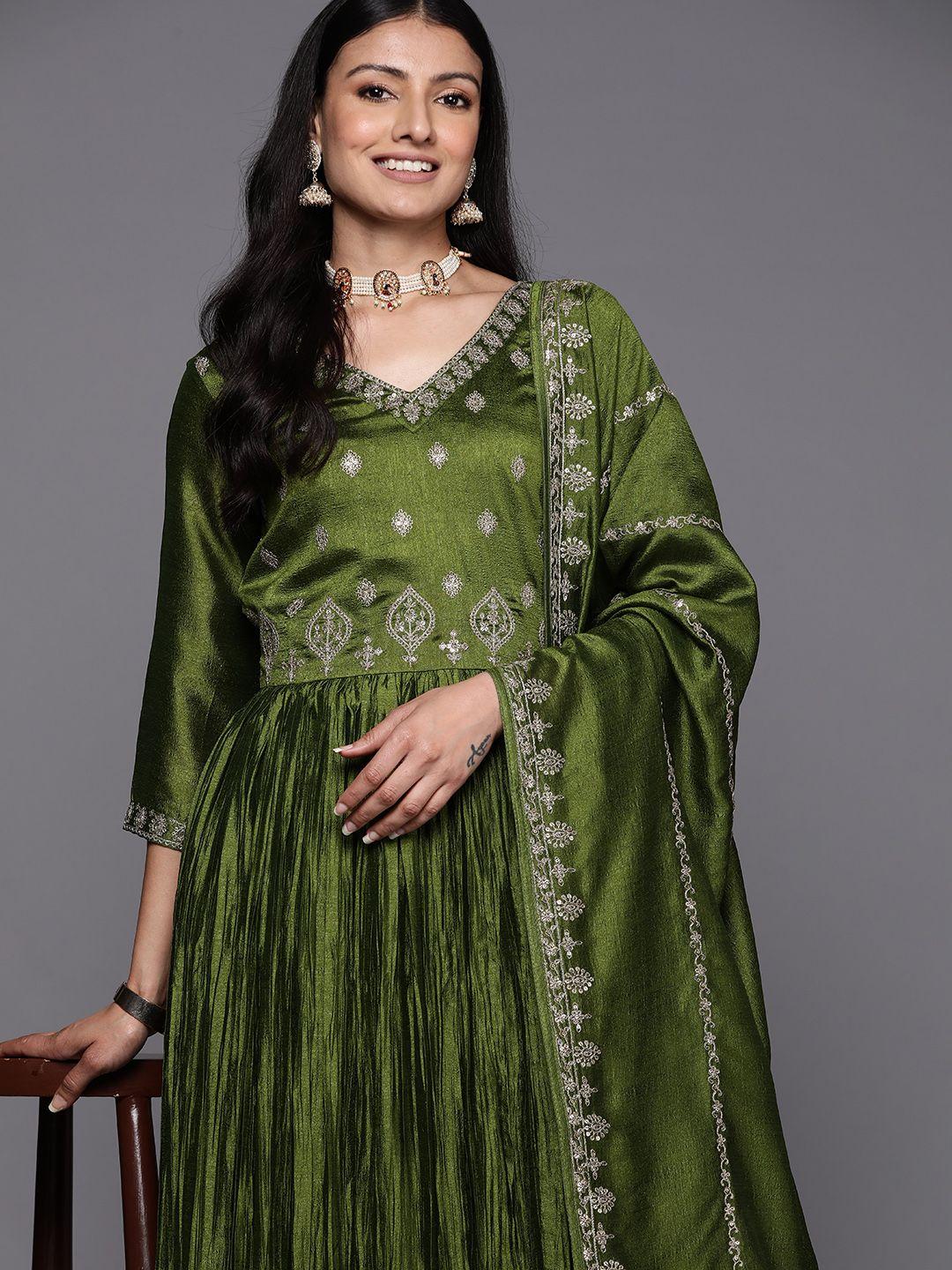 libas women green floral embroidered empire sequinned kurta with trousers & with dupatta