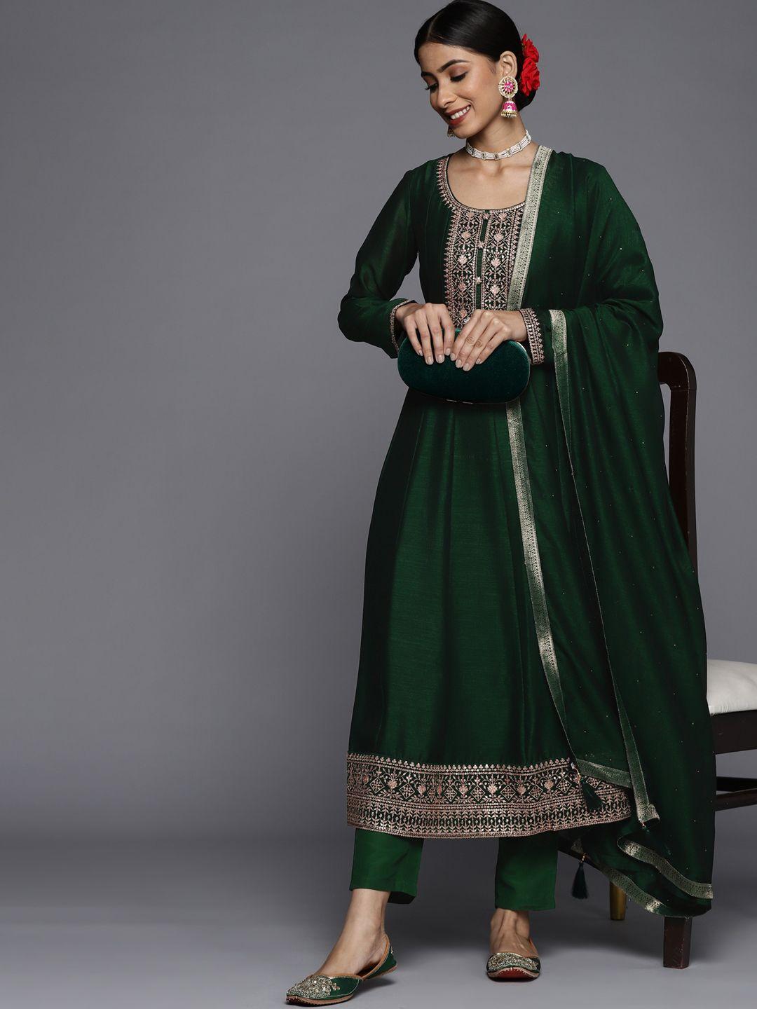 libas women green floral motifs embroidered sequinned kurta with trousers & dupatta