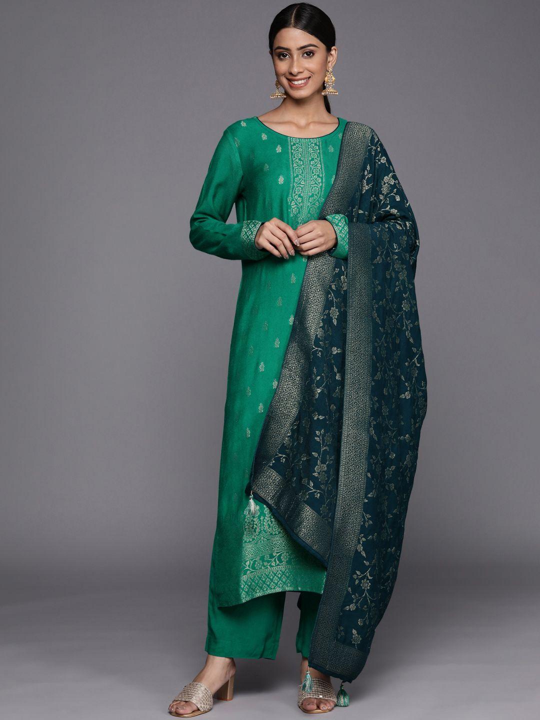 libas women green floral motifs pashmina wool kurta with trousers & dupatta