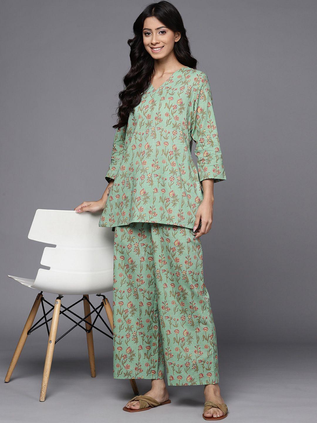 libas women green floral printed cotton night suit